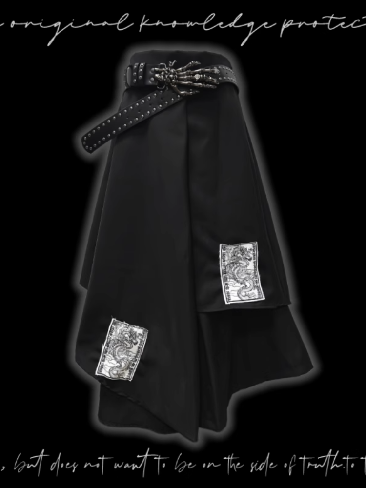 Black Punk Appliques Asymmetrical Layered Wide-Leg Pants