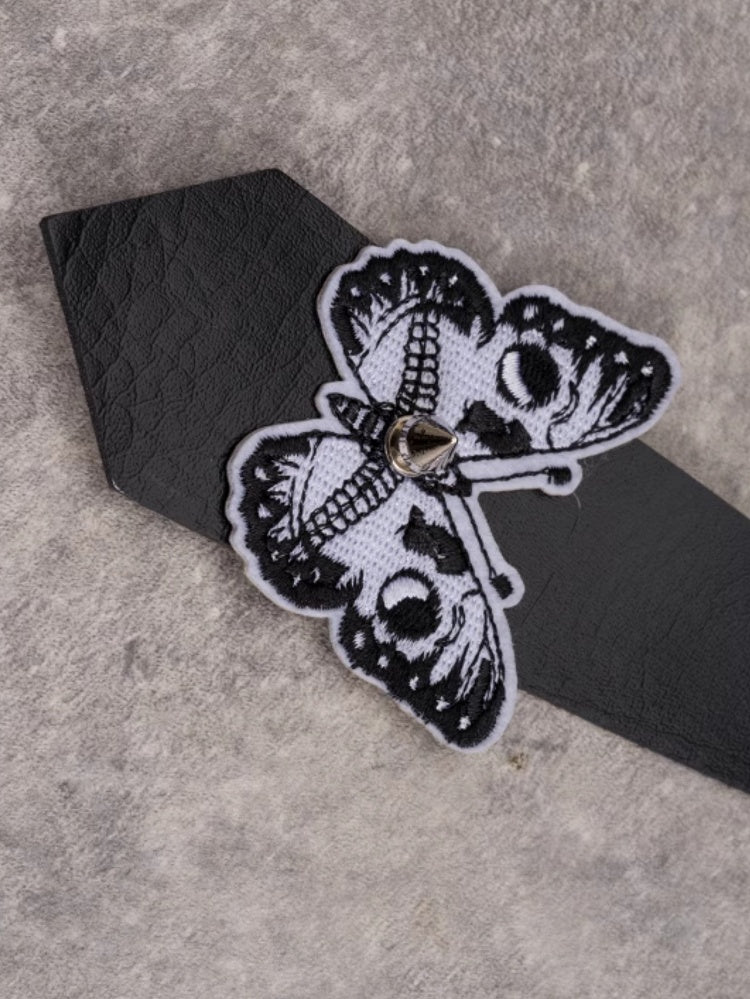 Black Gothic Butterfly Applique Studs Decorated Tie PU Choker