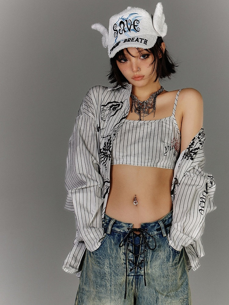 Oversized Silhouette Black & White Stripes Distressed Graffiti Shirt