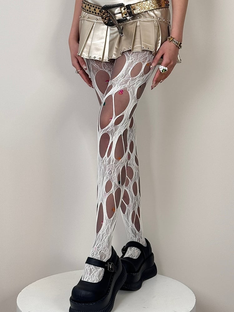 White/Beige/Black/Brown Y2K Asymmetrical Design Cut-out Details Tights