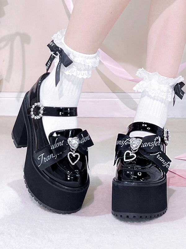Jirai Kei Rhinestones Bow Clips Black Chunky Heels Landmine Style Platforms