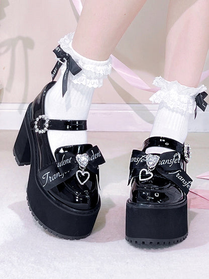 Jirai Kei Rhinestones Bow Clips Black Chunky Heels Landmine Style Platforms
