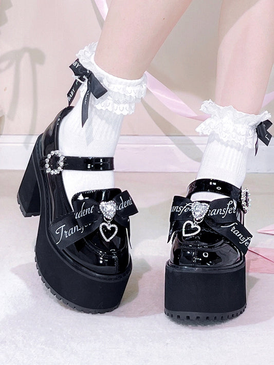 Jirai Kei Rhinestones Bow Clips Black Chunky Heels Landmine Style Platforms