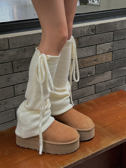 White/Light Grey/Black/Coffee/Khaki Self-tie Straps Knitted Leg Warmers