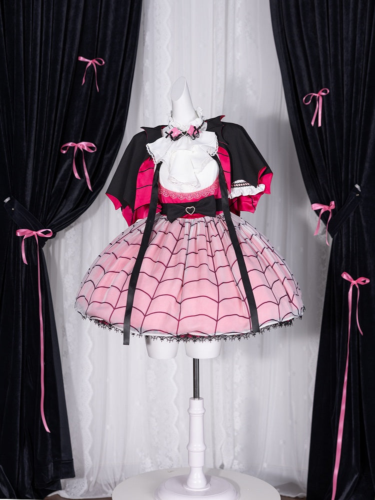 White Jabot Tie Adorned with Pink PU Bat Wings Bowtie