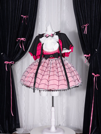 White Jabot Tie Adorned with Pink PU Bat Wings Bowtie