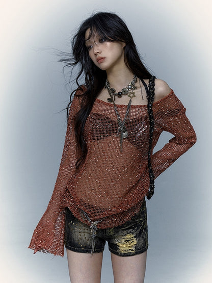 Shoulder Strap Design Punk Hollow Out Long Sleeves Top Beige/Brown/Orange