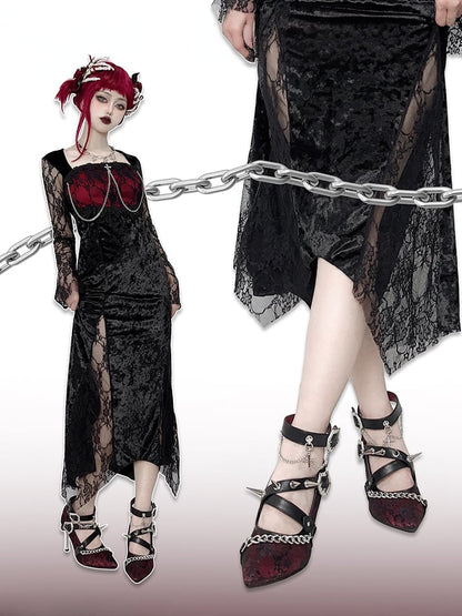 Spike Studs Coffin-shaped Buckles Red Lace Gothic Punk Stiletto Heels with Chains