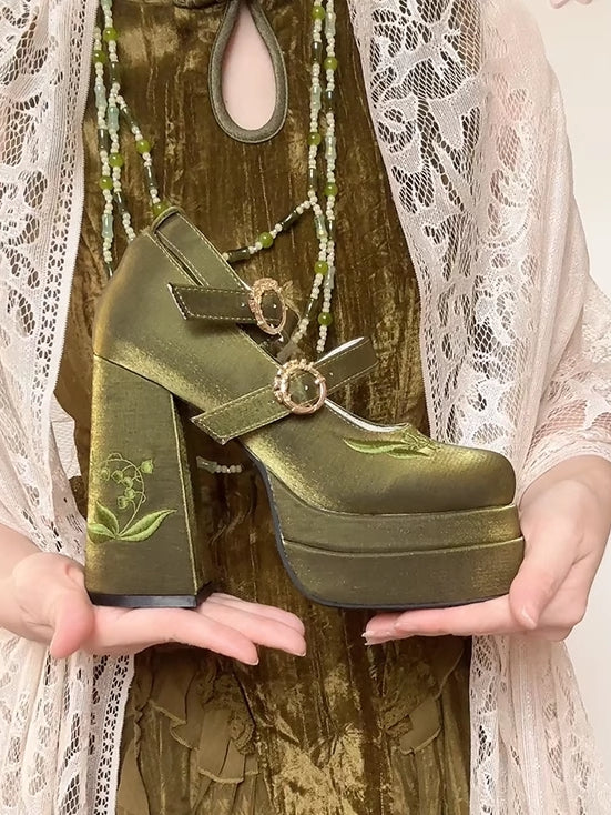 Green Detachable Bowknot Lily of the Valley Embroidery High Block Heel Platform Mary Janes