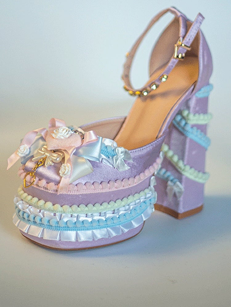 Purple & Blue Sweetheart and Bowknot Sweet Lolita High Block Heel Platforms