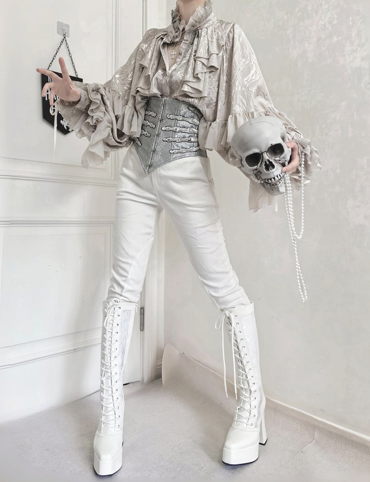 Silver Gothic Lolita Hand bone Embroidery Snakeskin-grain Leather Corset Belt