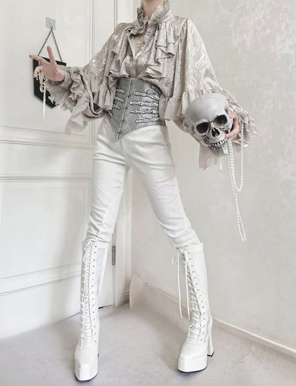 Silver Gothic Lolita Hand bone Embroidery Snakeskin-grain Leather Corset Belt