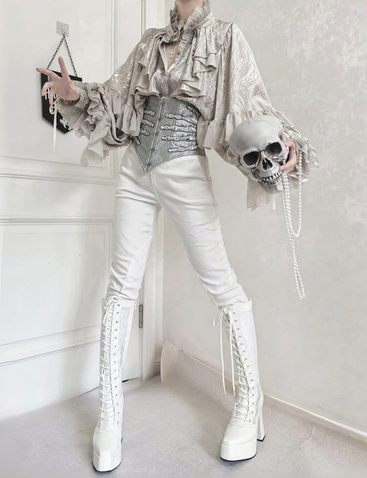 Silver Gothic Lolita Hand bone Embroidery Snakeskin-grain Leather Corset Belt