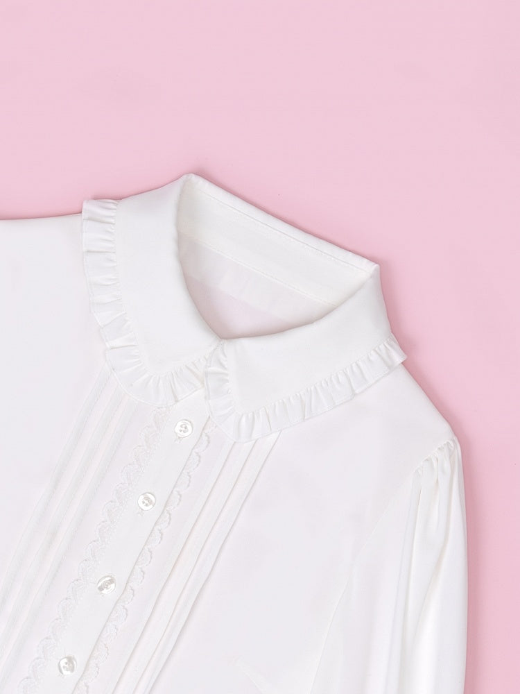 Sweet Ruffle White Shirt with Lace Placket and Flounce Sleeves