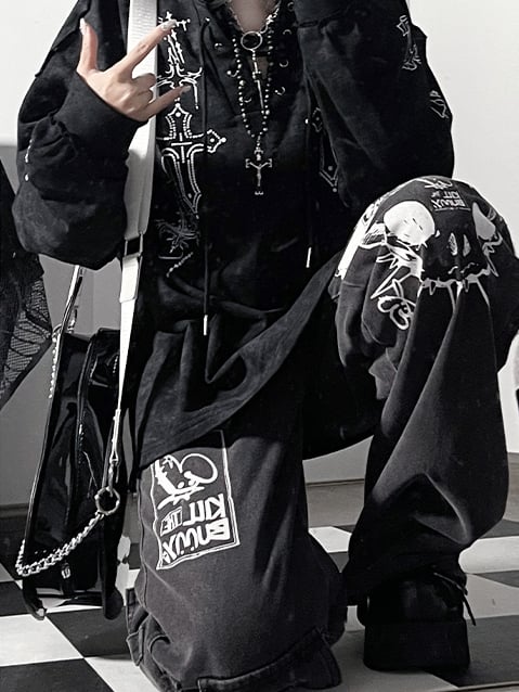 Black Bittersweet Lace-up Details Cross Design Tie Dye Hoodie