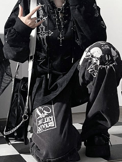 Black Bittersweet Lace-up Details Cross Design Tie Dye Hoodie