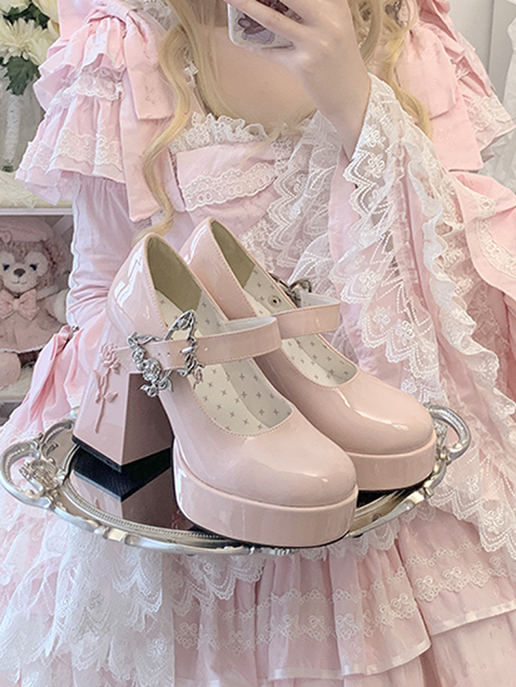 Polished Pink Butterfly Buckle 11cm Floral High Block Heel Platform Mary Janes