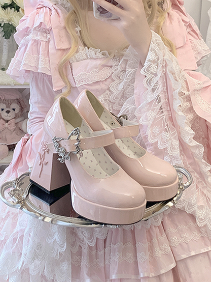 Polished Pink Butterfly Buckle 11cm Floral High Block Heel Platform Mary Janes