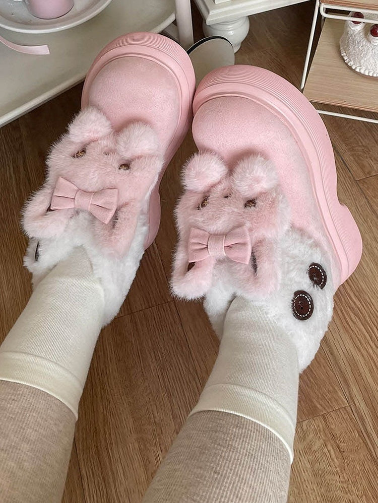 Plush Bunny Embellishments & Fleece Lining Pink Winter Boots in Sweet Lolita