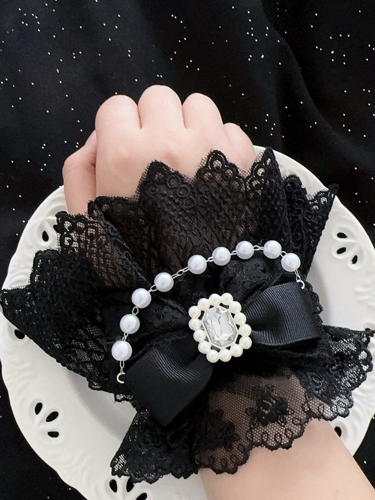 5 Color Options Beaded Charm Rhinestone Decorated Bowknot Lace Wrist Cuffs