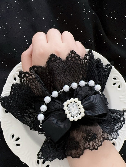 5 Color Options Beaded Charm Rhinestone Decorated Bowknot Lace Wrist Cuffs