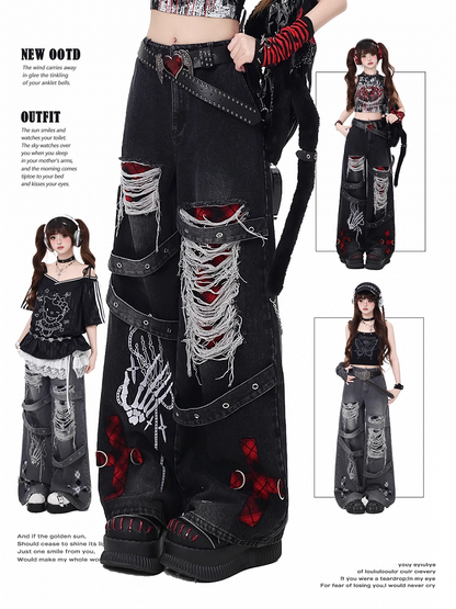 Grey/Red Plaid Faded Wash Distressed Holes Vintage Punk Wide-leg Jeans