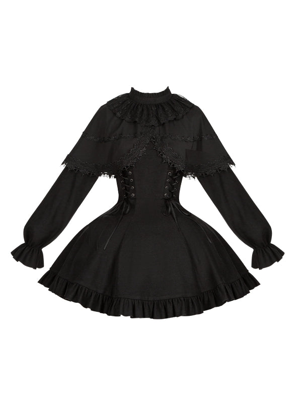 Black Jirai Kei-inspired Lace-up Details Dress with False Two-Piece Cape