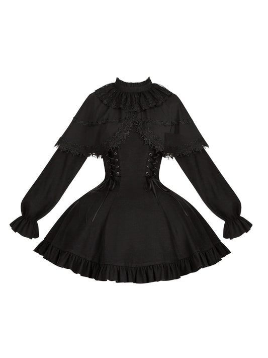 Black Jirai Kei-inspired Lace-up Details Dress with False Two-Piece Cape