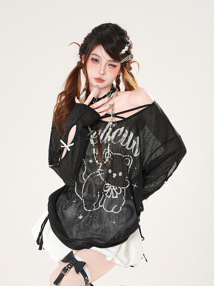 Black/White Asymmetrical Neckline Kitty Print Semi-sheer Coverup