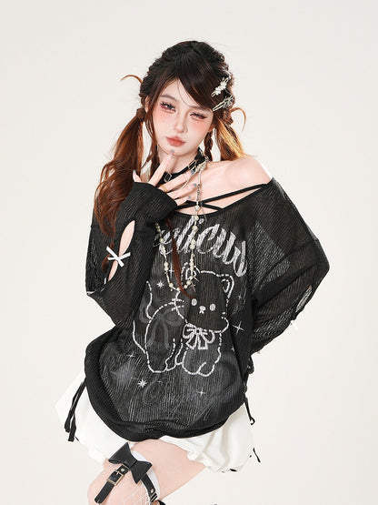 Black/White Asymmetrical Neckline Kitty Print Semi-sheer Coverup