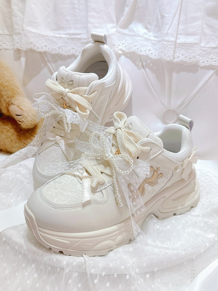 White Beaded Decorated Bowknot Details Front Lace-up Ties Sneakers