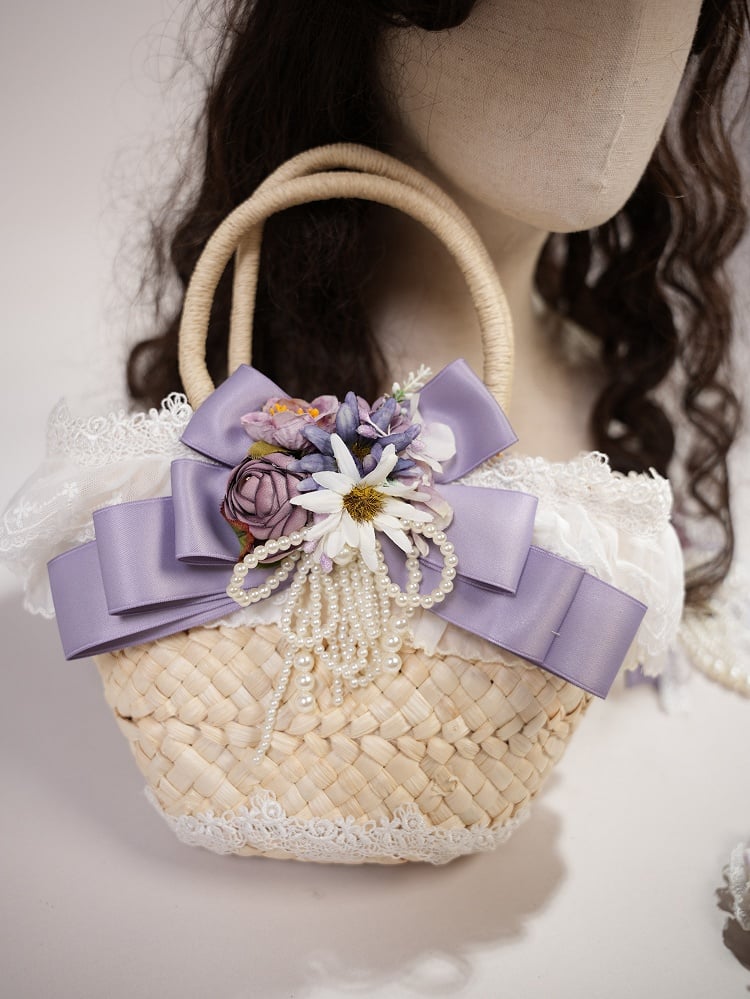 Purple Floral Design and Bowknot Decoration Straw Tote Bag