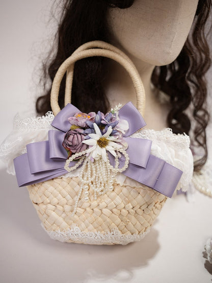 Purple Floral Design and Bowknot Decoration Straw Tote Bag