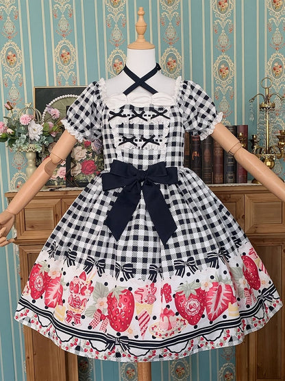 Plus Size Black Bow and Strawberry Print Lolita Gingham Dress