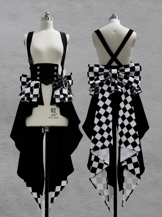 Bunny Theater Chess Pattern Fabric Peplum Swallow Tail Train Corset with Shoulder Straps
