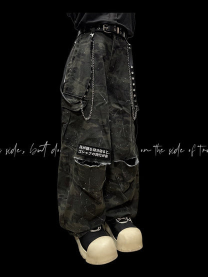 Army Green Camo Pattern Wide-Leg Cargo Pants