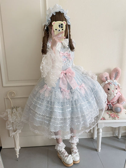 Blue Flower Applique Heart Bodice Overlay Hem Princess Lolita Jumper Skirt