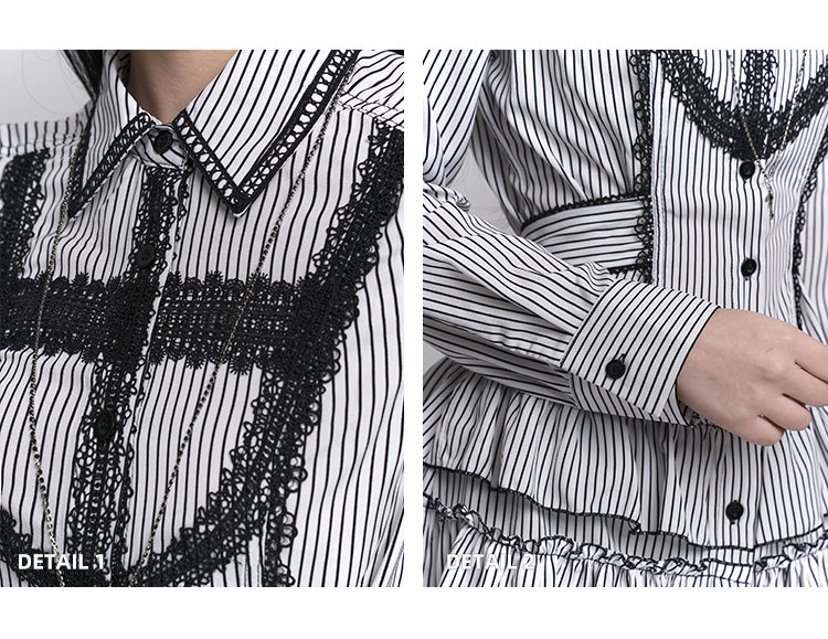 Gothic Lace Cross Tiered Skirt Black and White Striped Shirt Dress