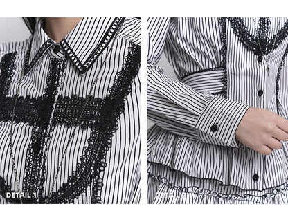 Gothic Lace Cross Tiered Skirt Black and White Striped Shirt Dress