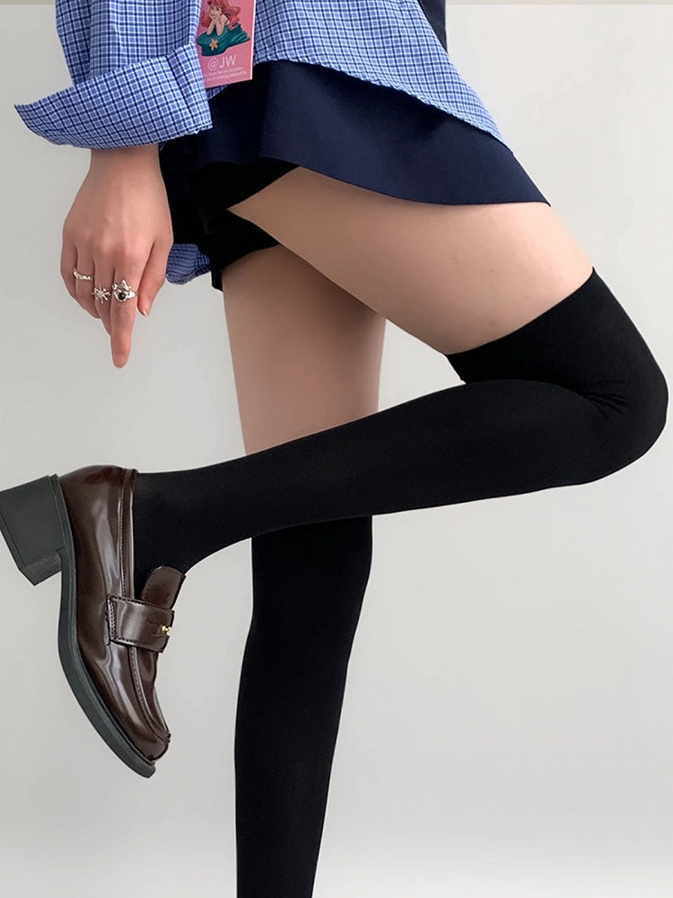 Black/White/Beige/Gray Ribbed Trim Over-knee Sockings