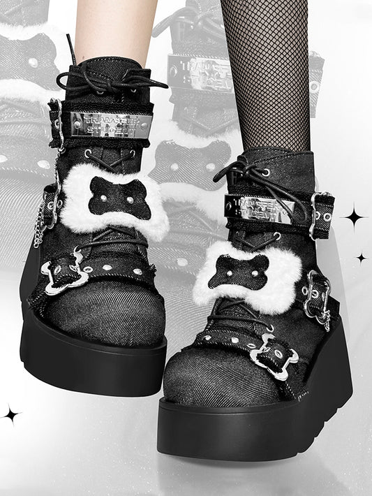 Buckle Straps Plush Bone Decorated Denim Black Punk Platform Boots