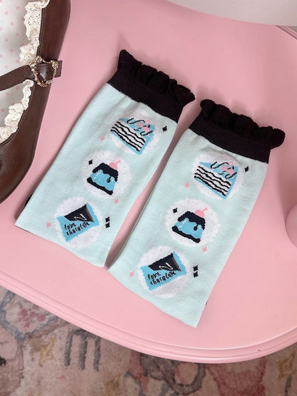 Mint Green Chocolate Cake Jelly Print Lolita Calf Socks