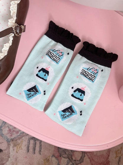 Mint Green Chocolate Cake Jelly Print Lolita Calf Socks