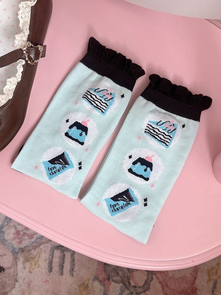 Mint Green Chocolate Cake Jelly Print Lolita Calf Socks