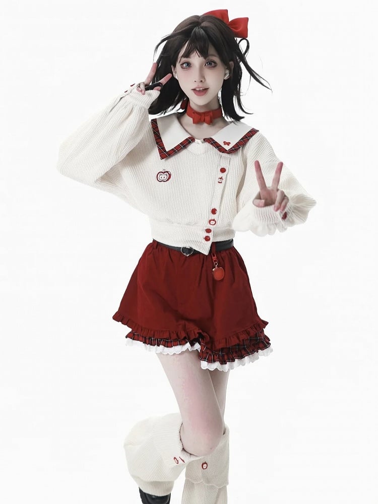 Red Plaid Cuff Shorts with Ruffled Lace Trim