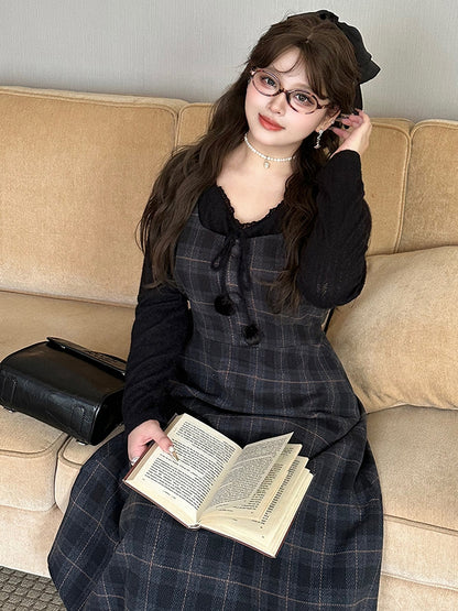 Plus Size Dusty Blue High Waist Plaid Pattern Woolen Overall Dress