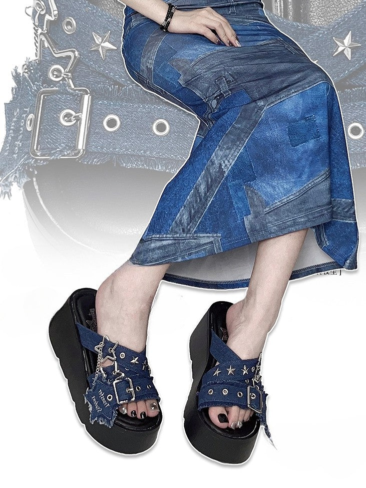 Star-shaped Buckles and Studs Blue Denim Punk Platform Slippers