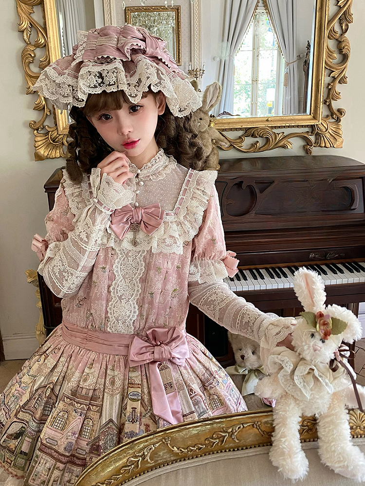 Pink Ruffle Neckline Sweet Lolita Dress with Fairytale Town Print and Lace Trim