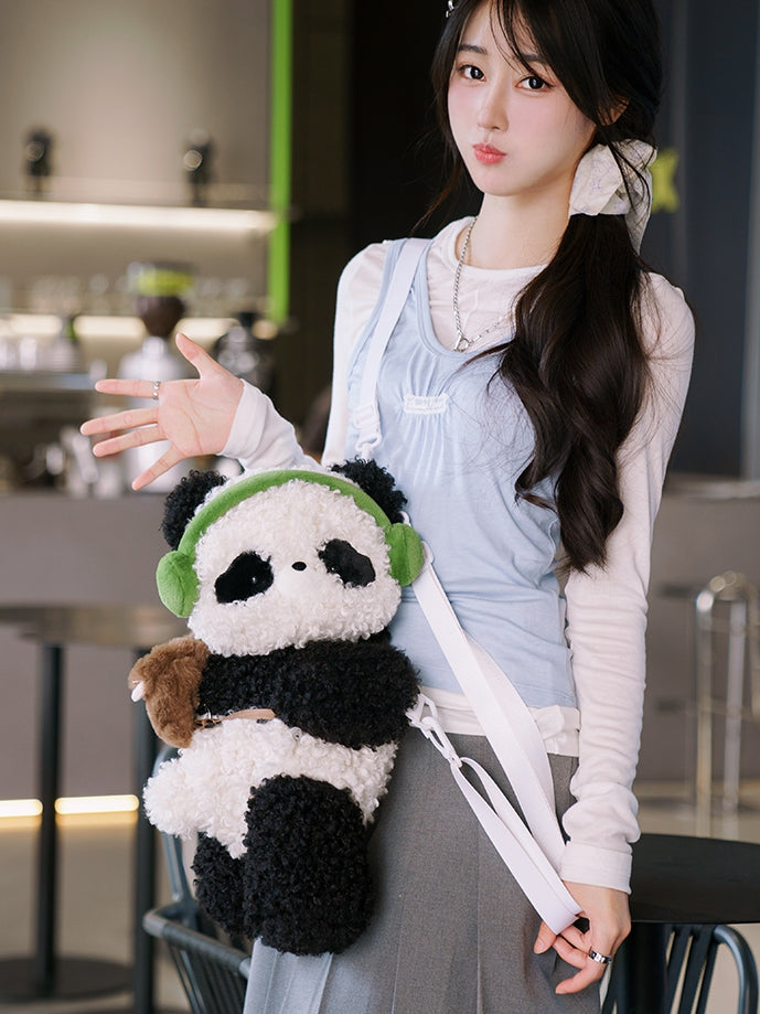 Cute Curly Plush Panda Black&White Backpack/Crossbody Bag+ Keychain