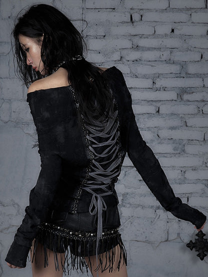 Wasteland Punk Black Off-the-shoulder Neckline Lace-up Design Top